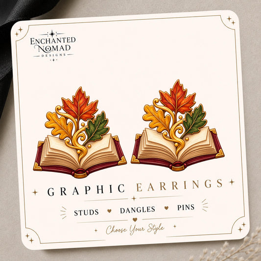 Open Book with Autumn Leaves Earrings & Pins on original display card
