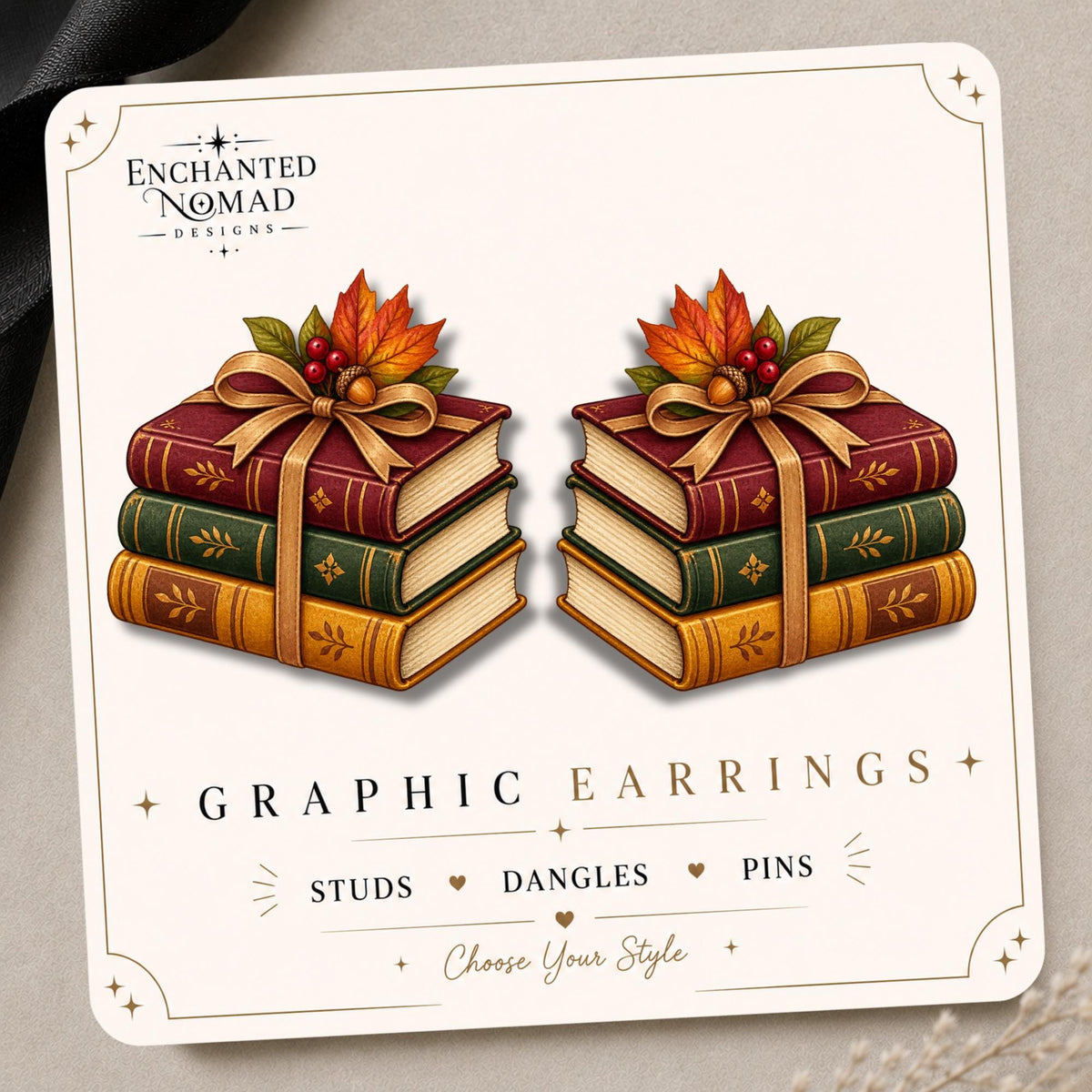 Autumn Leaves and Vintage Books Earrings & Pins on original display card