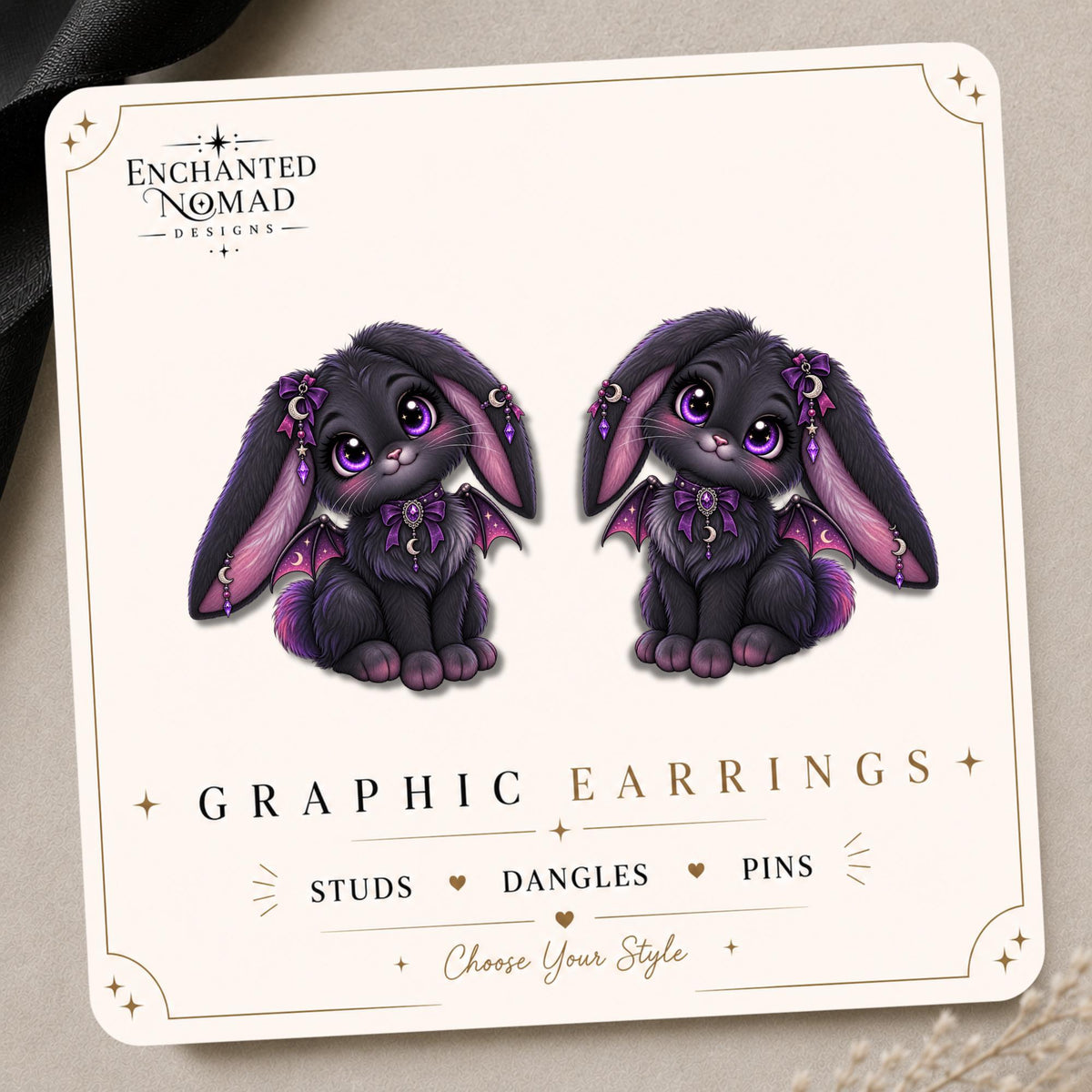 Purple Goth Bat Bunny Earrings & Pins on original display card