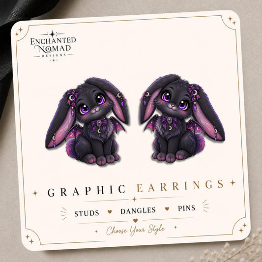 Purple Goth Bat Bunny Earrings & Pins on original display card