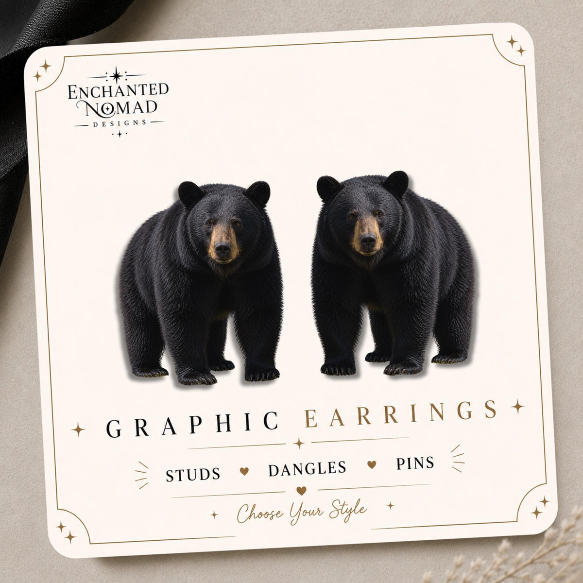 Black Bear Earrings & Pins on a branded display card