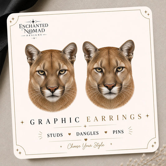 Cougar earrings and pins on a branded display card