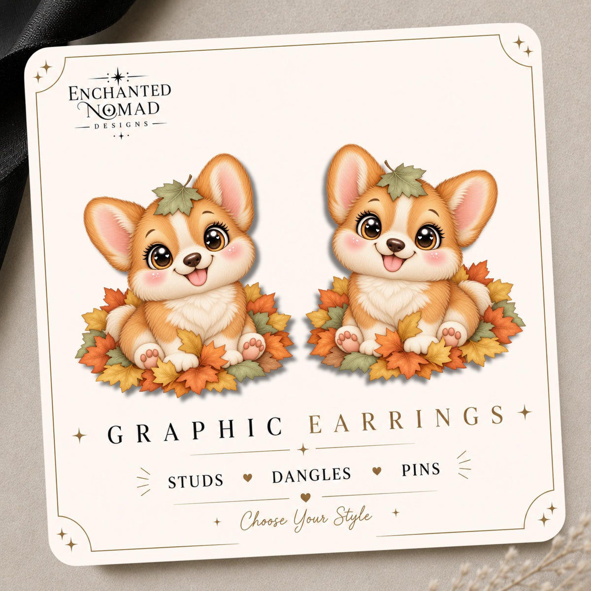 Fall Corgi Earrings & Pins on original display card