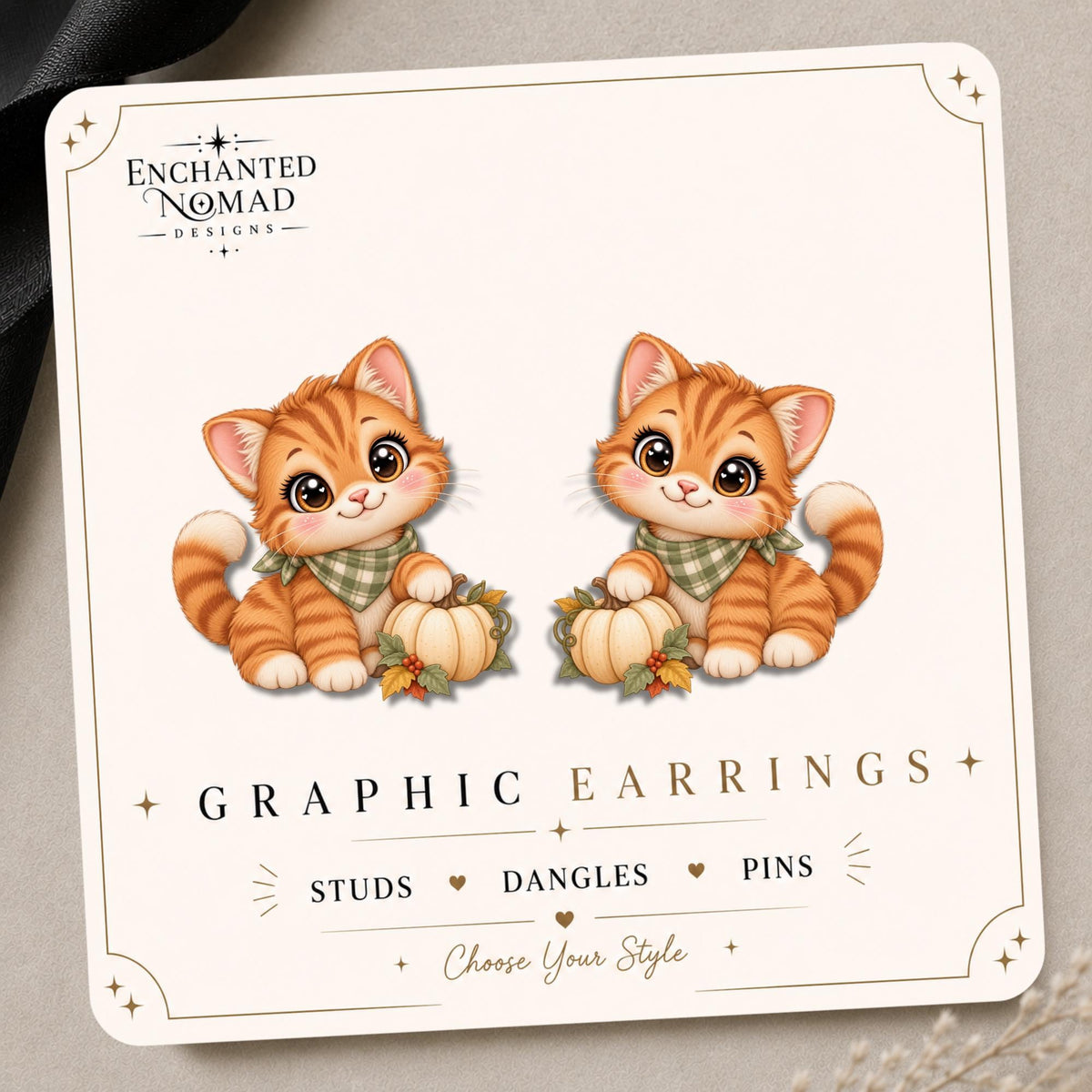 Orange Cat with Pumpkin Earrings & Pins on original display card