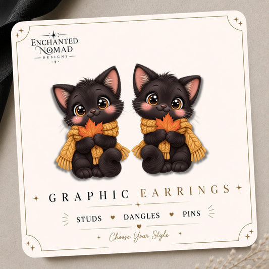 Black Cat with Autumn Scarf Earrings & Pins on original display card