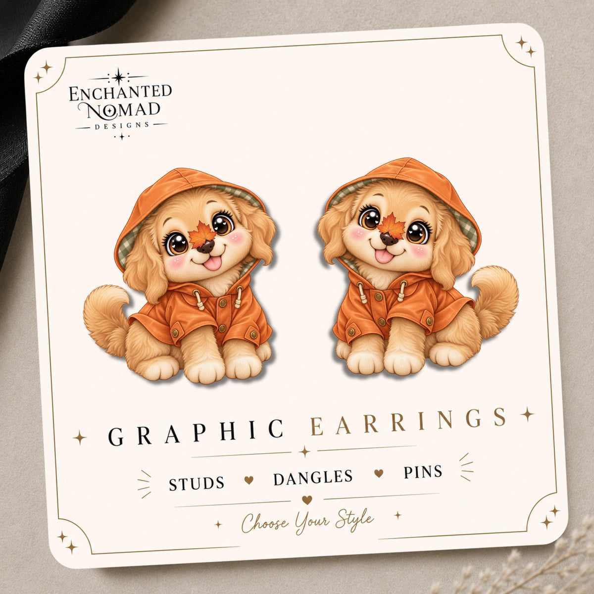 Golden Retriever in Raincoat Earrings & Pins on original display card