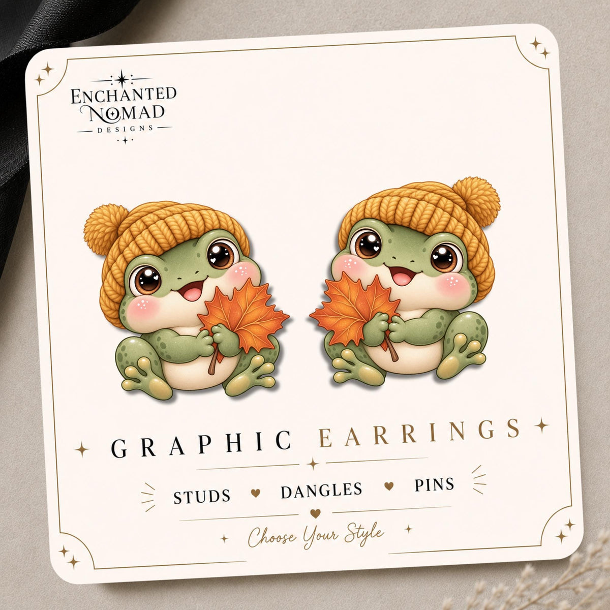Frog with Maple Leaf Earrings & Pins on original display card