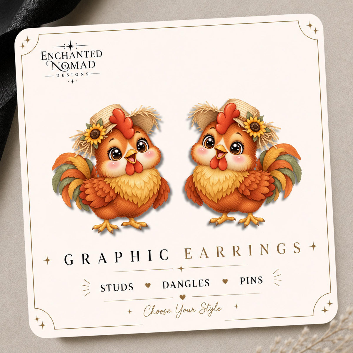 Fall Scarecrow Hen Earrings & Pins on original display card