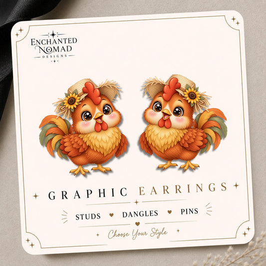 Fall Scarecrow Hen Earrings & Pins on original display card