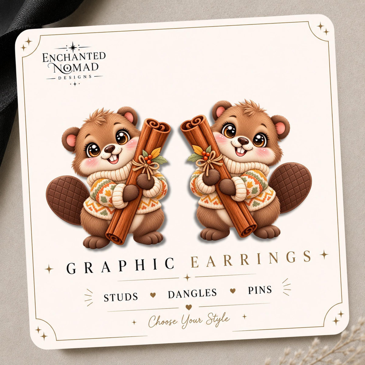 Fall Beaver with Cinnamon Stick Earrings & Pins on original display card