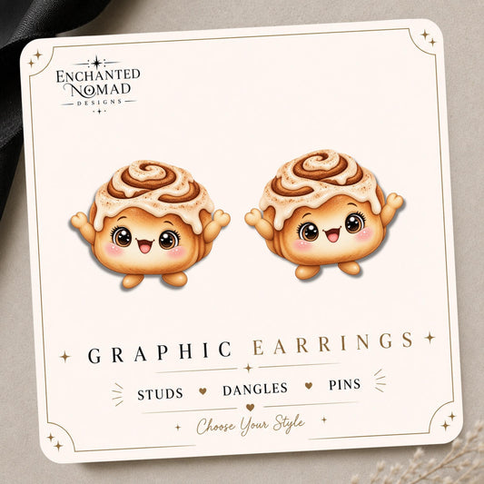 Cinnamon Roll Earrings & Pins on original display card