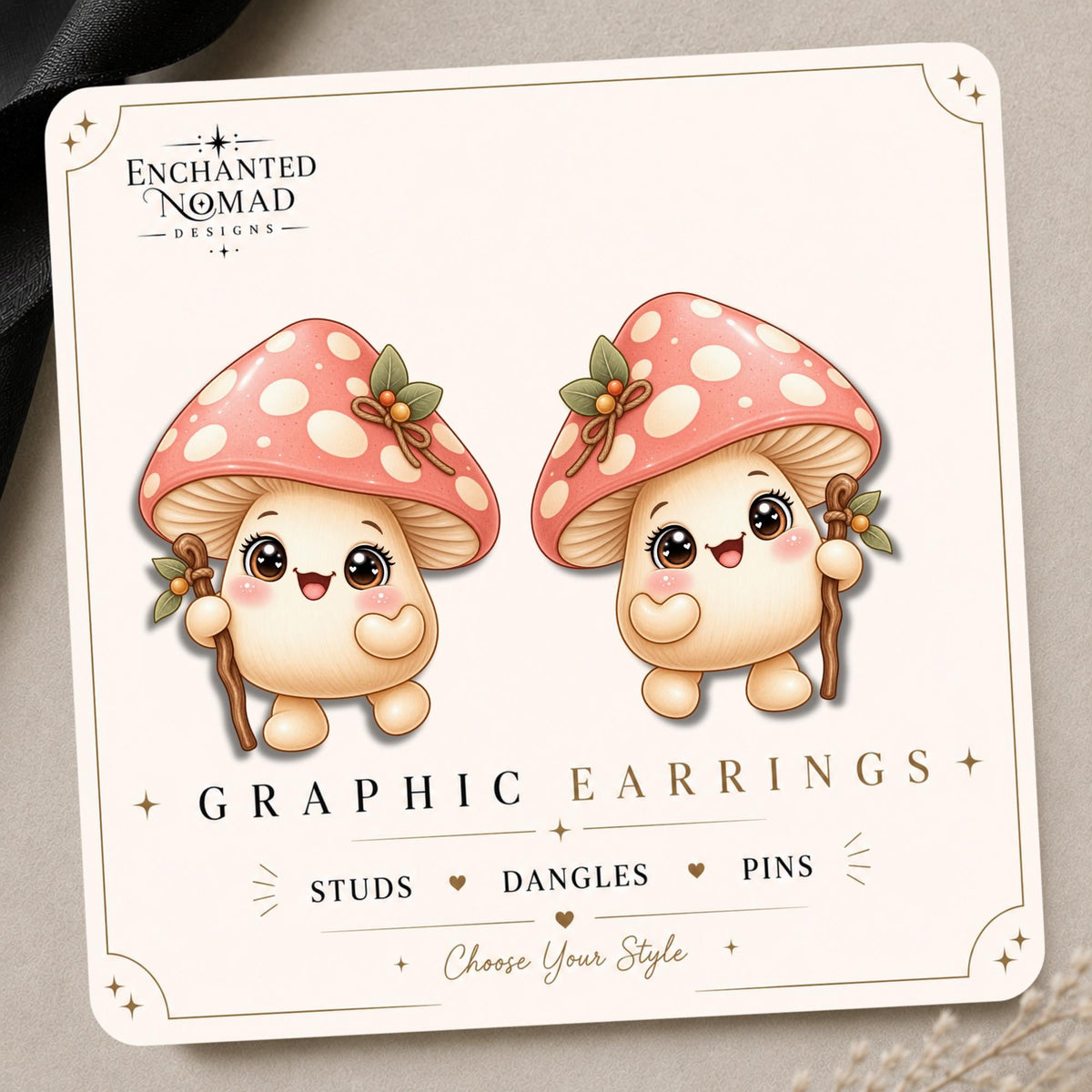 Pink Mushroom Earrings & Pins on original display card