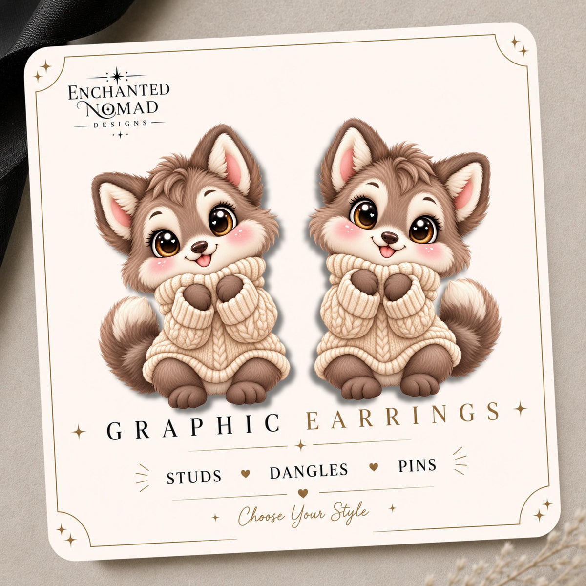 Cozy Wolf in Sweater Earrings & Pins on original display card
