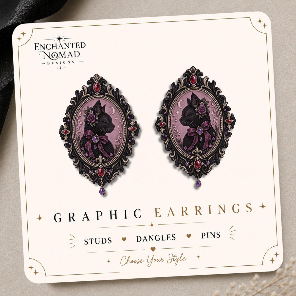 Victorian Gothic Black Cat Earrings & Pins on original display card
