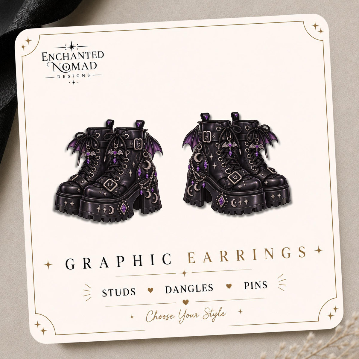Purple Celestial Combat Boot Earrings & Pins on original display card