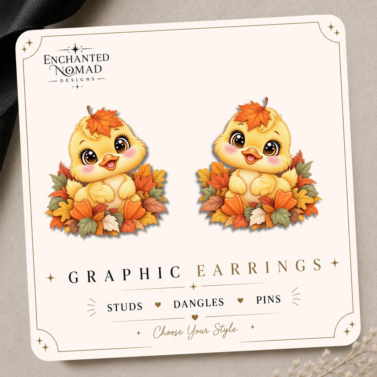 Fall Duckling with Maple Leaf Earrings & Pins on original display card