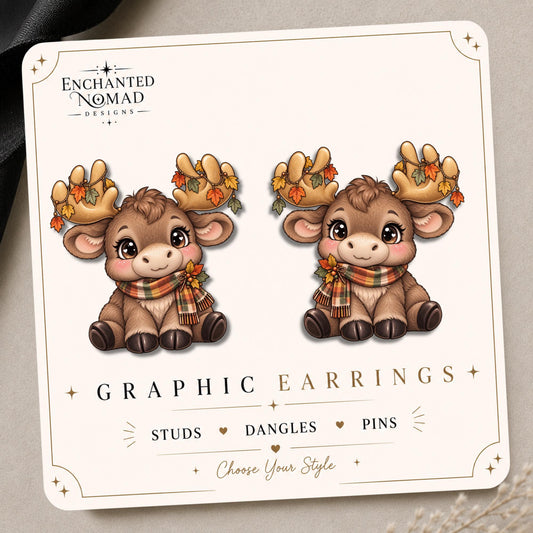 Fall Moose with Plaid Scarf Earrings & Pins on original display card