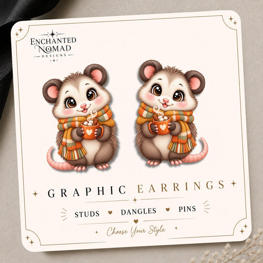Fall Opossum with Hot Cocoa Earrings & Pins on original display card