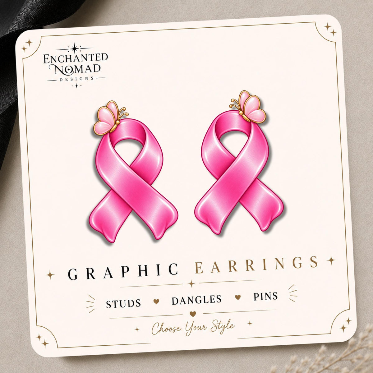 Pink Ribbon with Butterfly Earrings & Pins on original display card