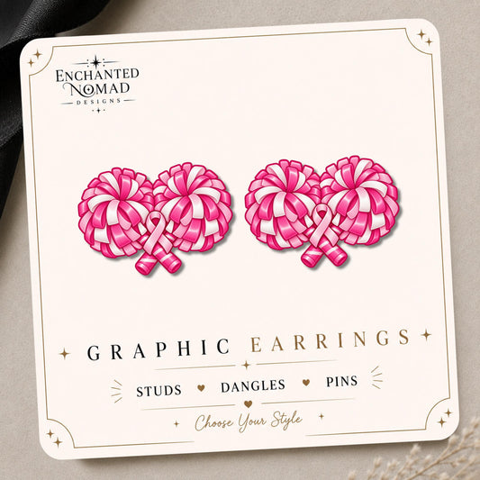 Pink Ribbon Cheer Pom Pom Earrings & Pins on original display card