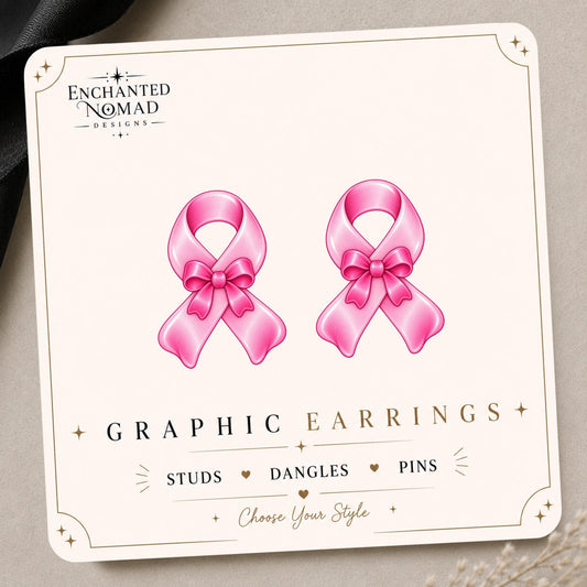 Pink Awareness Ribbon with Bow Earrings & Pins on original display card