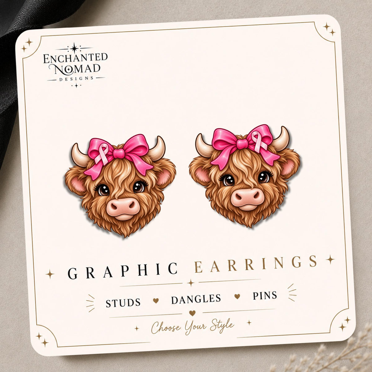 Pink Ribbon Highland Cow Earrings & Pins on original display card