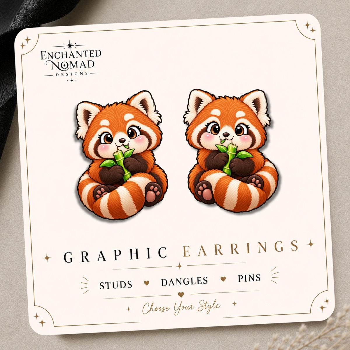 Red Panda with Bamboo Earrings & Pins on original display card