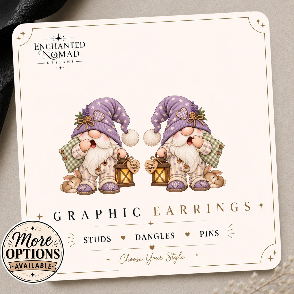 Sleepy Gnome Earrings & Pins on original display card