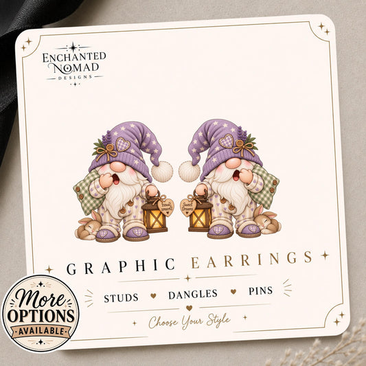 Sleepy Gnome Earrings & Pins on original display card