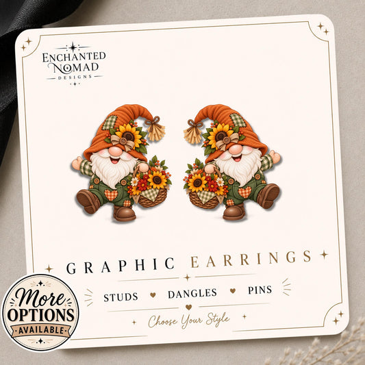 Jolly Gnome Earrings & Pins on original display card
