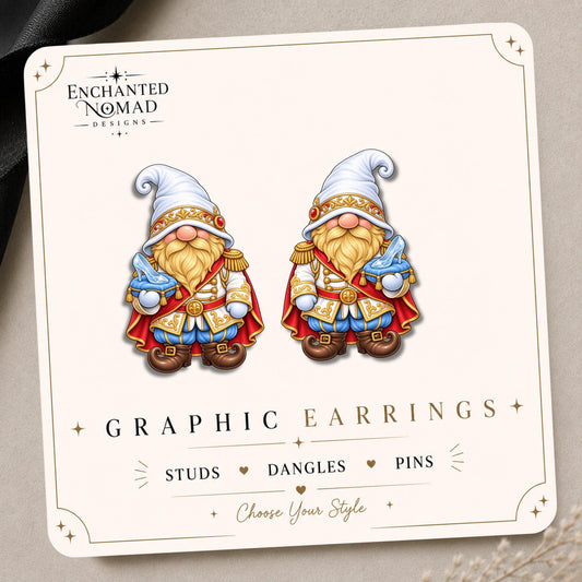 Glass Slipper Gnome Earrings & Pins on original display card
