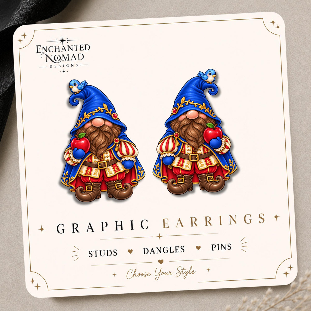 Enchanted Apple Gnome Earrings & Pins on original display card