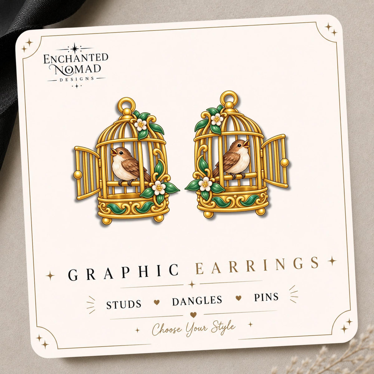 Golden Songbird Cage Earrings & Pins on original display card