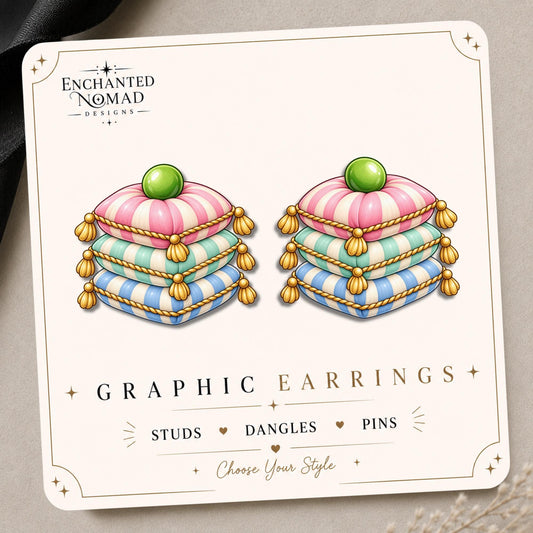 Pastel Pillow Stack Earrings & Pins on a display card