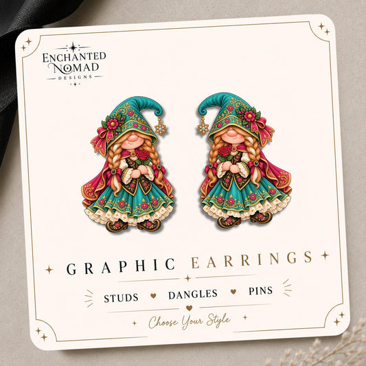Winter Princess Floral Gnome Earrings & Pins on original display card