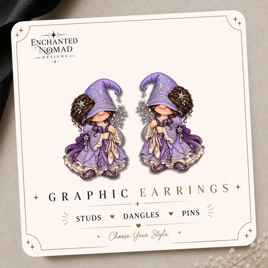 Purple Celestial Gnome Earrings & Pins on original display card