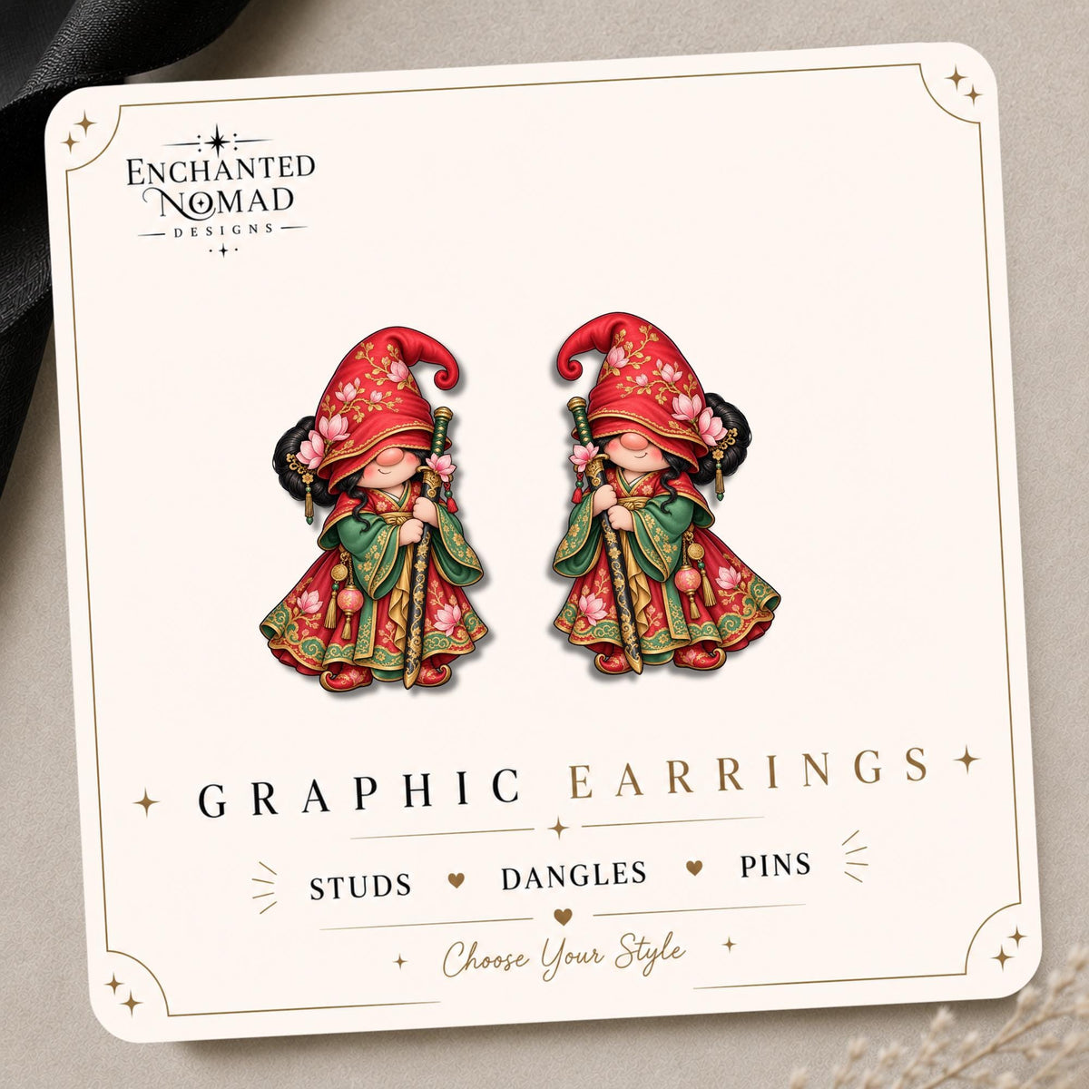 Red Green Floral Gnome Earrings & Pins on original display card