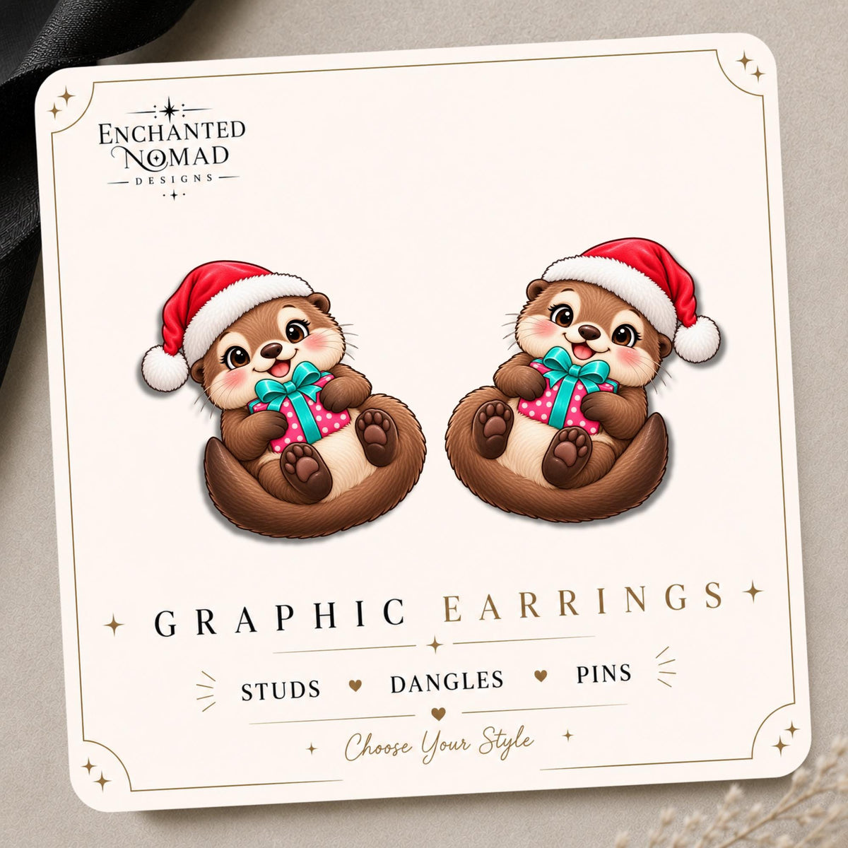 Christmas Otter Earrings & Pins on original display card