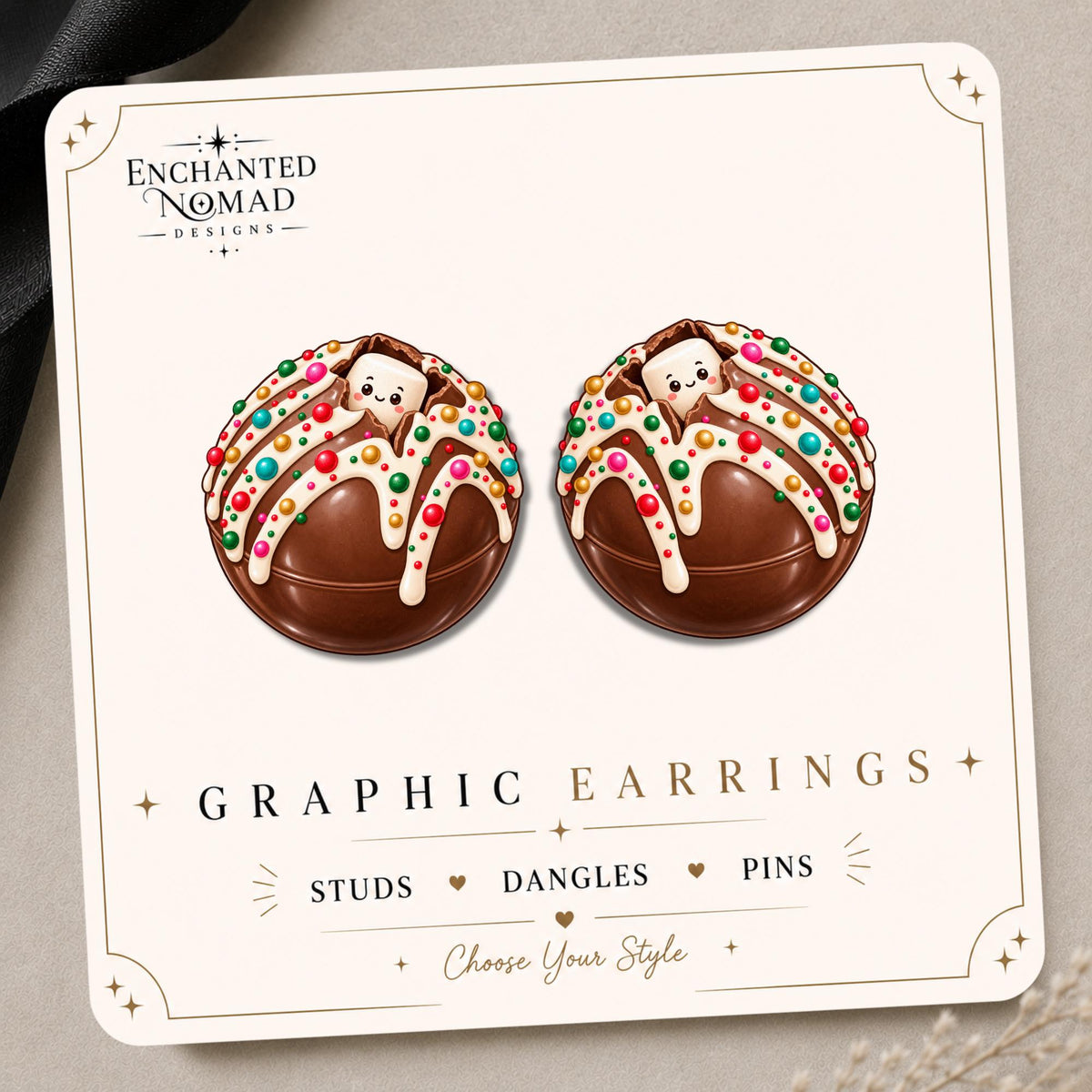 Christmas Cocoa Bomb Earrings & Pins on original display card
