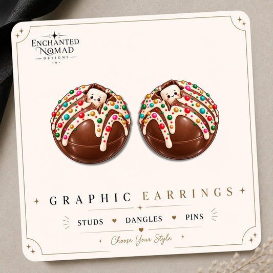 Christmas Cocoa Bomb Earrings & Pins on original display card