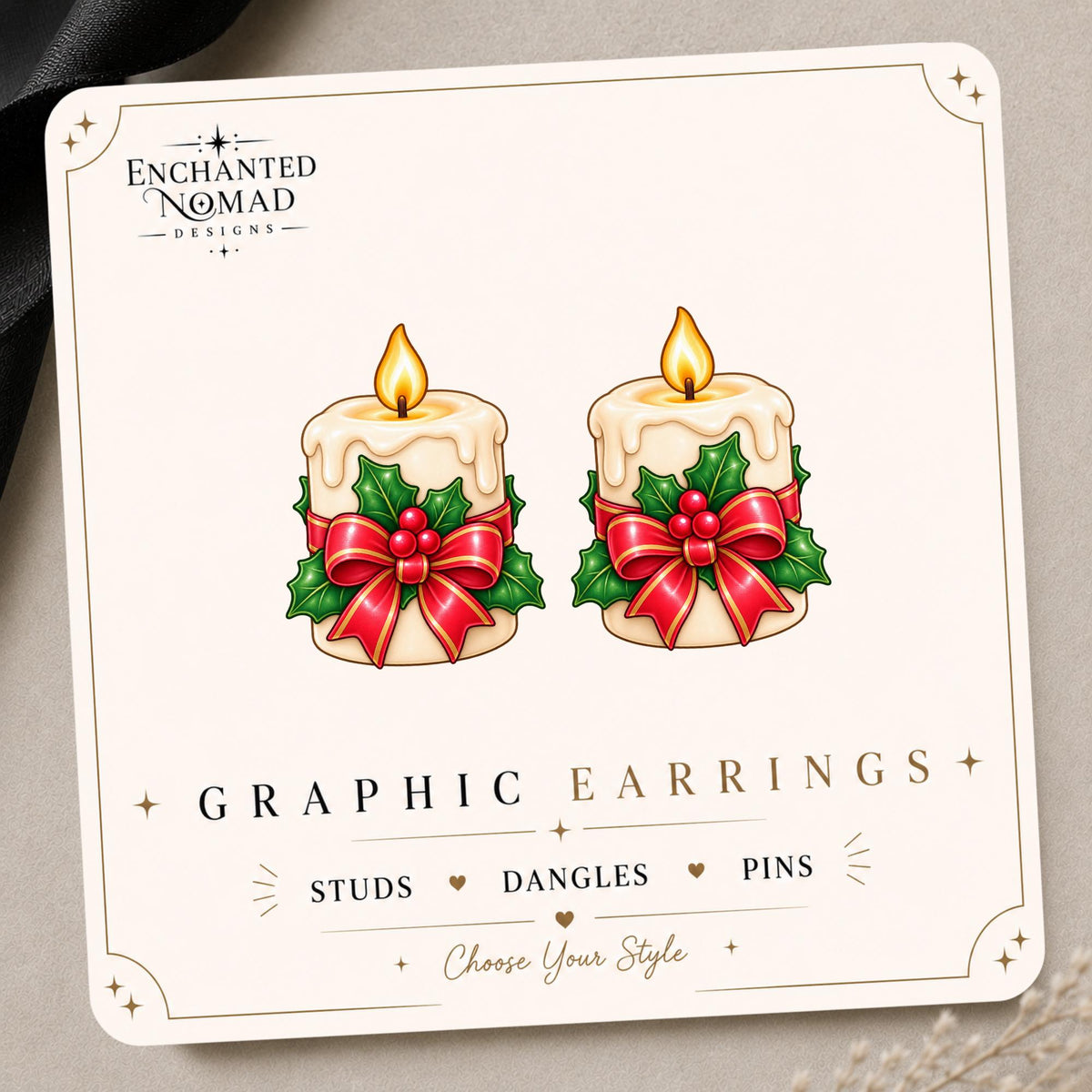 Holly Christmas Candle Earrings & Pins on original display card