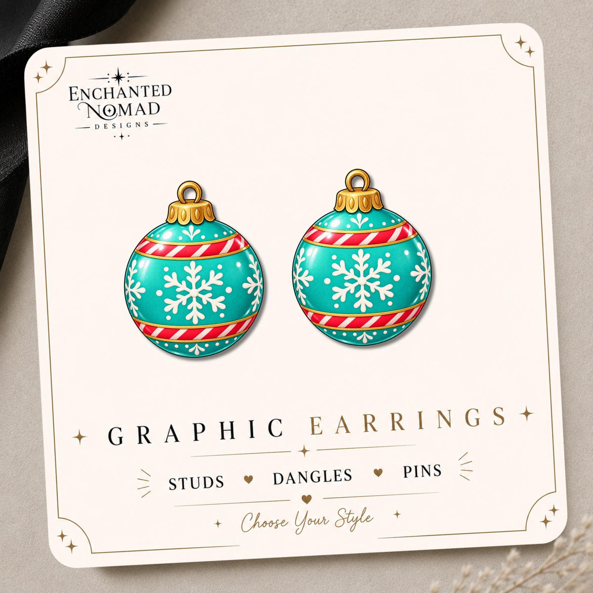 Teal Snowflake Ornament Earrings & Pins on original display card