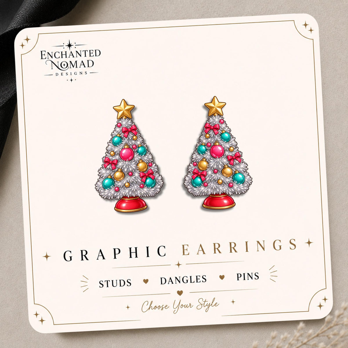 Retro Christmas Tree Earrings & Pins on original display card