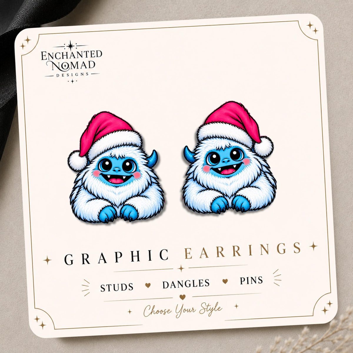 Christmas Yeti Earrings & Pins on original display card