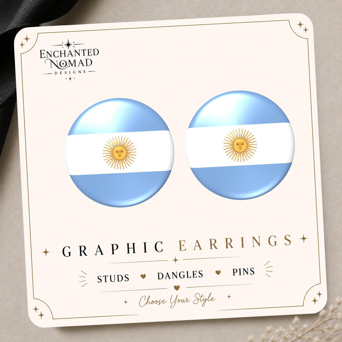 Argentina Flag Earrings & Pins on original display card