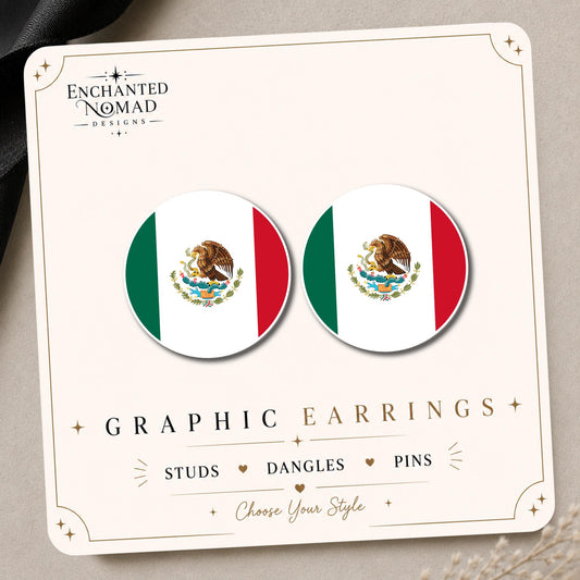Mexico Round Flag Earrings & Pins on original display card