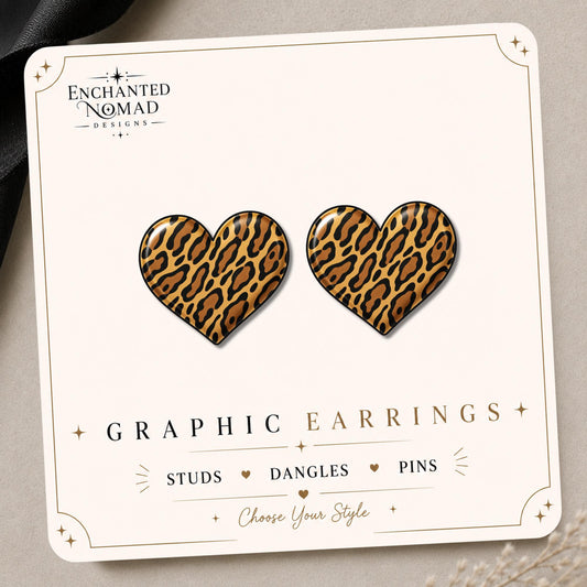 Golden Streak Leopard Heart Earrings & Pins on original display card