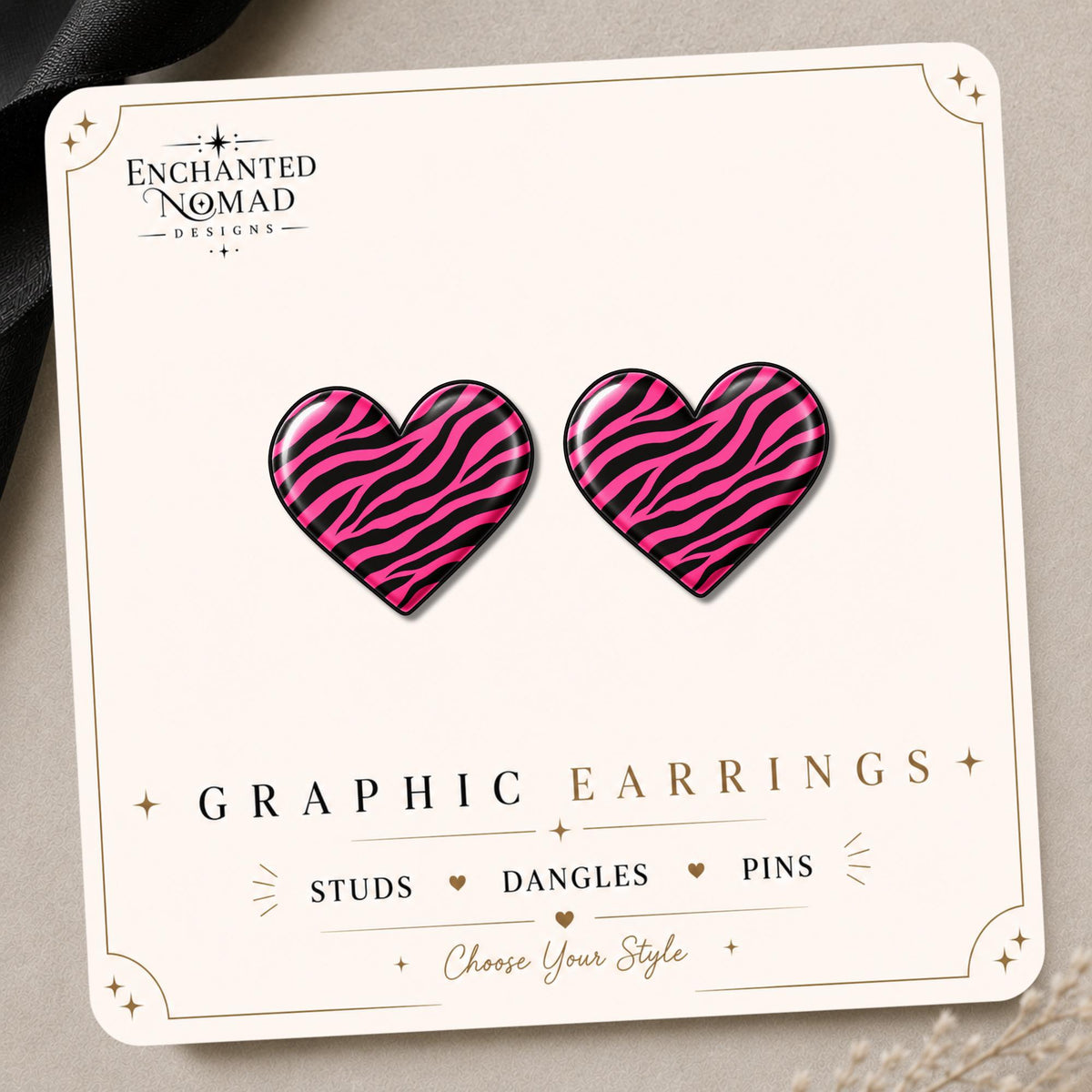 Hot Pink Zebra Heart Earrings & Pins on original display card
