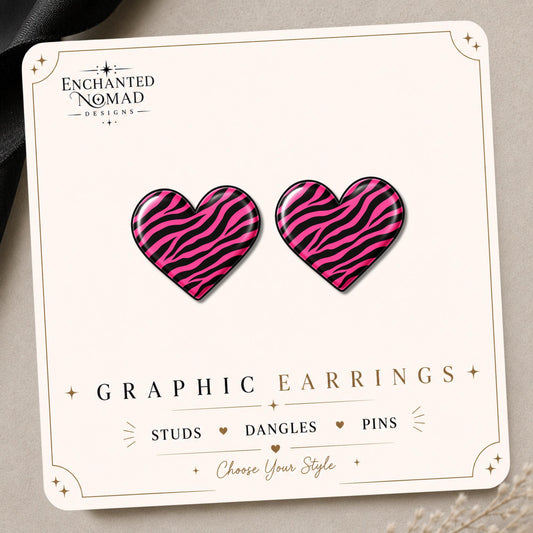 Hot Pink Zebra Heart Earrings & Pins on original display card