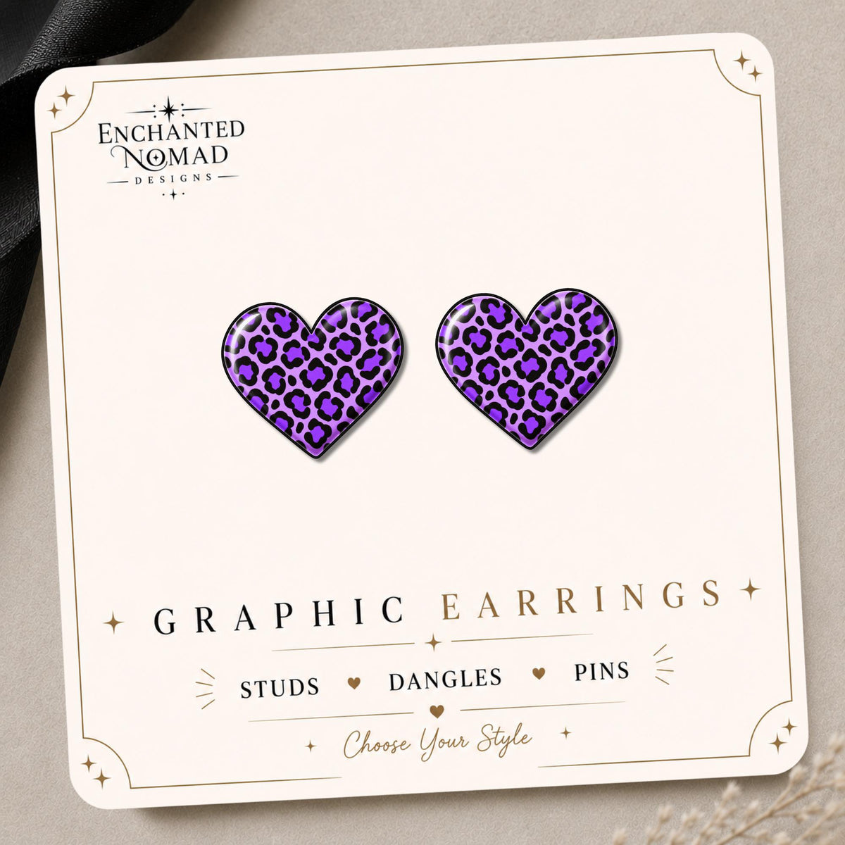 Purple Leopard Heart Earrings & Pins on original display card